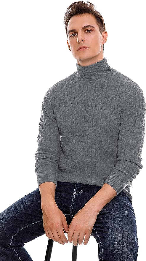 Men's Twisted Knitted Turtleneck Sweater Casual Soft Pullover Sweaters - Grey