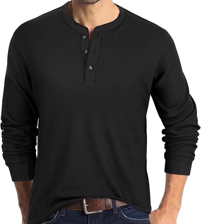 Men's Waffle Crew Neck Casual Button T-Shirt Long Sleeve