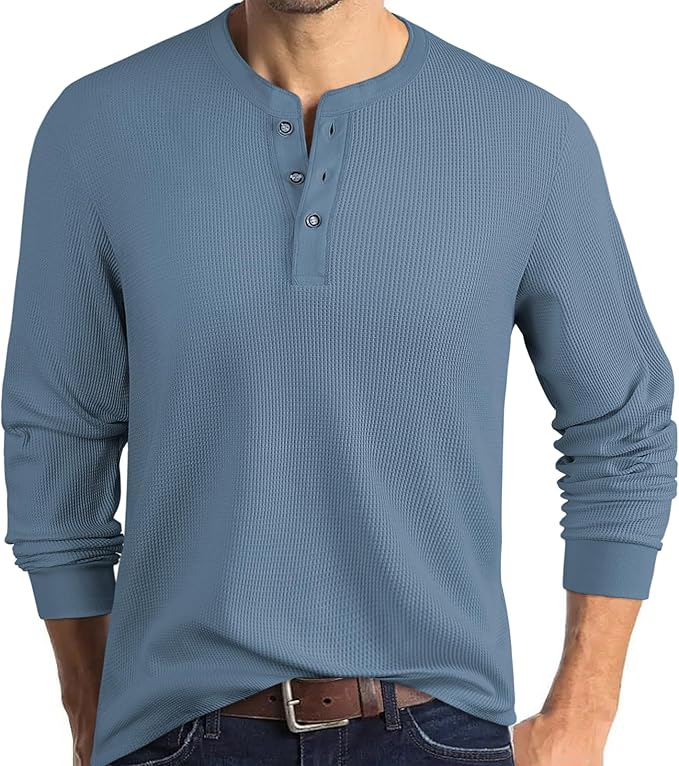 Men's Waffle Crew Neck Casual Button T-Shirt Long Sleeve