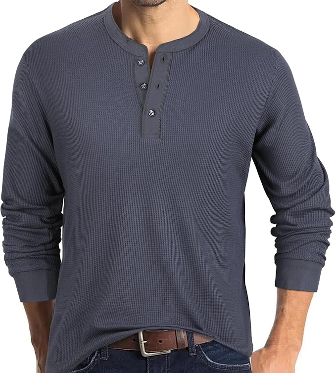 Men's Waffle Crew Neck Casual Button T-Shirt Long Sleeve