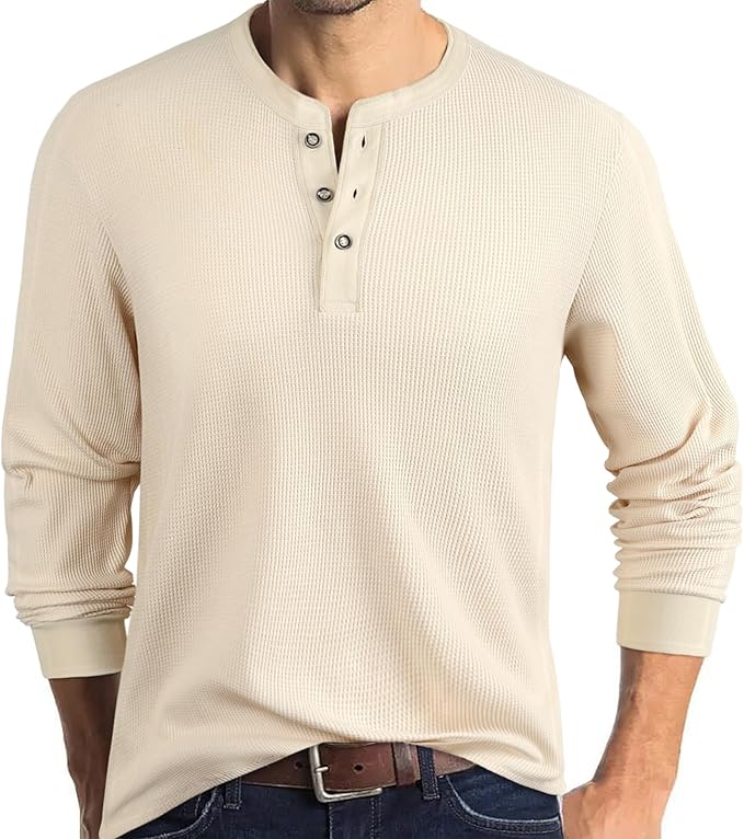 Men's Waffle Crew Neck Casual Button T-Shirt Long Sleeve