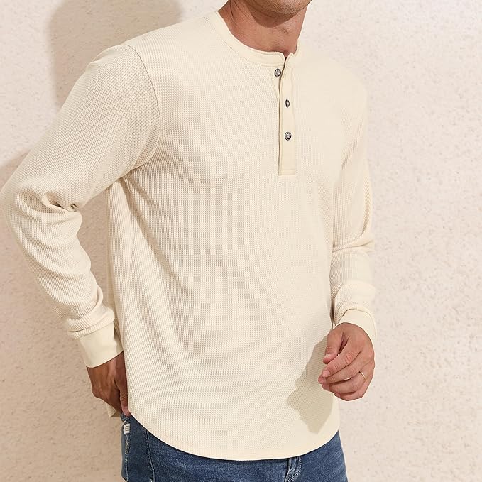 Men's Waffle Crew Neck Casual Button T-Shirt Long Sleeve