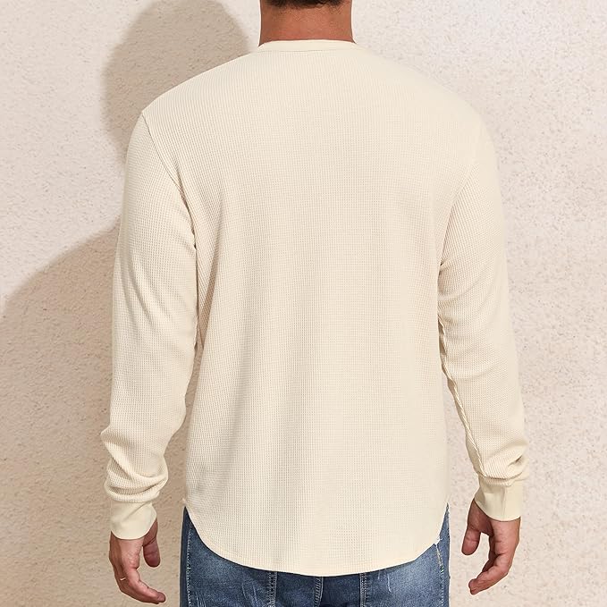 Men's Waffle Crew Neck Casual Button T-Shirt Long Sleeve