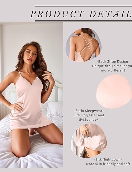 Wholesale Women's Satin Nightgown V Neck Spaghetti Strap Nightdress Silk Slip - Pink