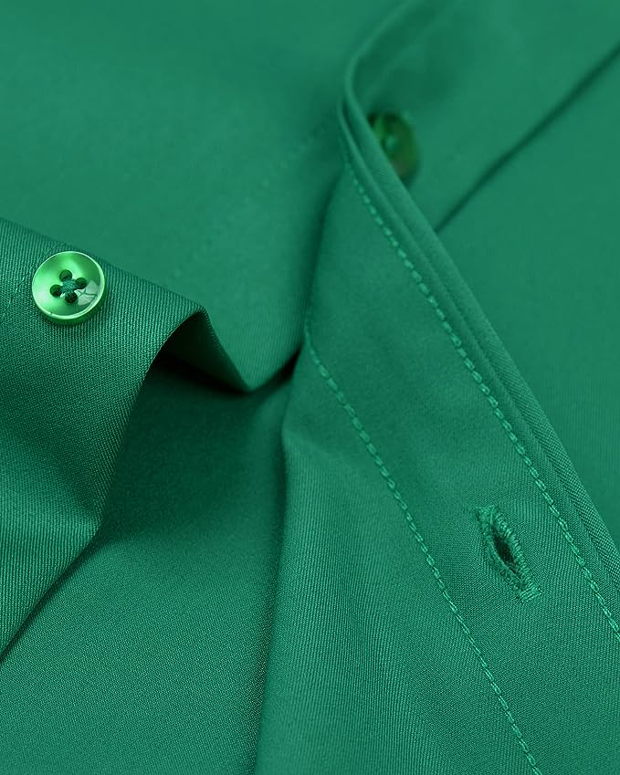 Men's Dress Shirts Wrinkle-Free Long Sleeve Stretch Solid Formal Business Button Down Shirt with Pocket - Green