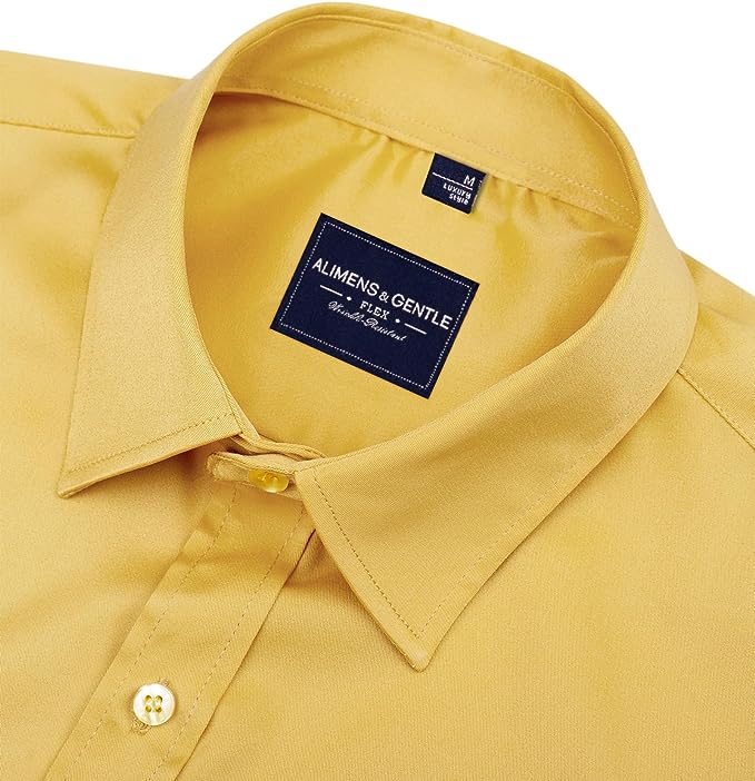 Men's Dress Shirts Wrinkle-Free Long Sleeve Stretch Solid Formal Business Button Down Shirt with Pocket - Yellow