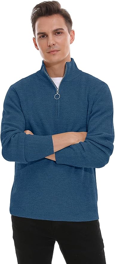 Men's Soft Sweaters Quarter Zip Pullover Classic Ribbed Turtleneck Sweater - Blue
