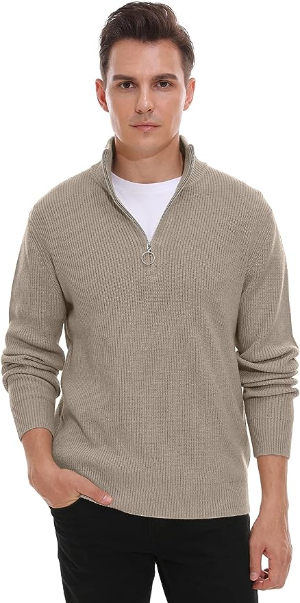Men's Soft Sweaters Quarter Zip Pullover Classic Ribbed Turtleneck Sweater - Khaki