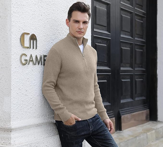 Men's Soft Sweaters Quarter Zip Pullover Classic Ribbed Turtleneck Sweater - Khaki
