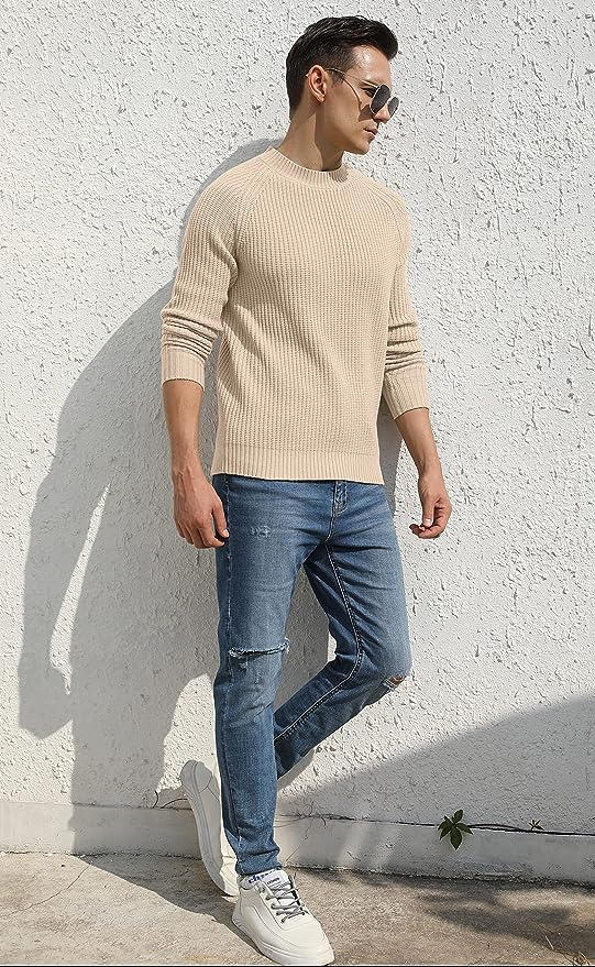 Men's Crewneck Casual Sweater Structured Knit Pullover - Beige
