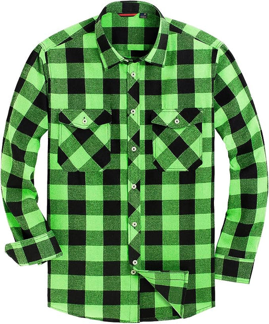 Men's Button Down Regular Fit Long Sleeve Plaid Flannel Casual Shirts Black/Green