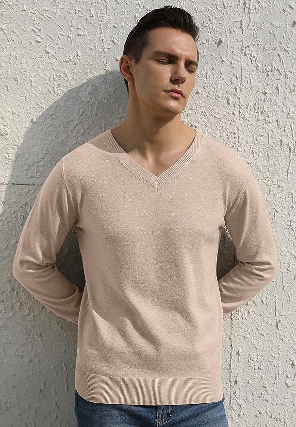 Men's V-Neck Casual Sweater Structured Knit Pullover - Beige