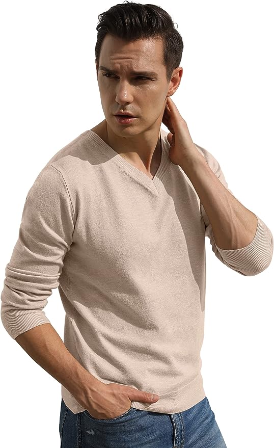 Men's V-Neck Casual Sweater Structured Knit Pullover - Beige