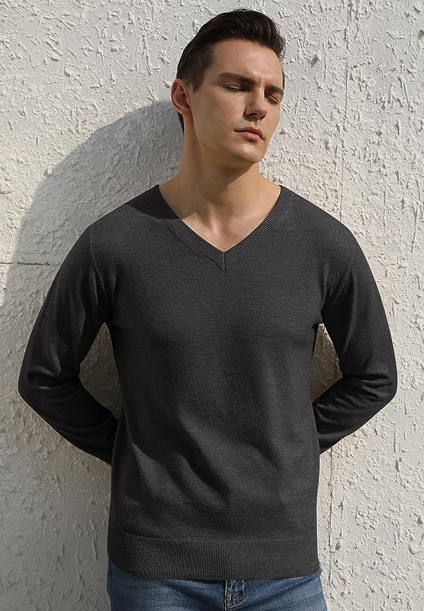 Men's V-Neck Casual Sweater Structured Knit Pullover - Grey