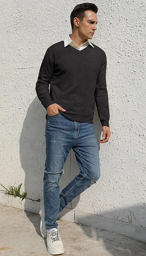 Men's V-Neck Casual Sweater Structured Knit Pullover - Grey