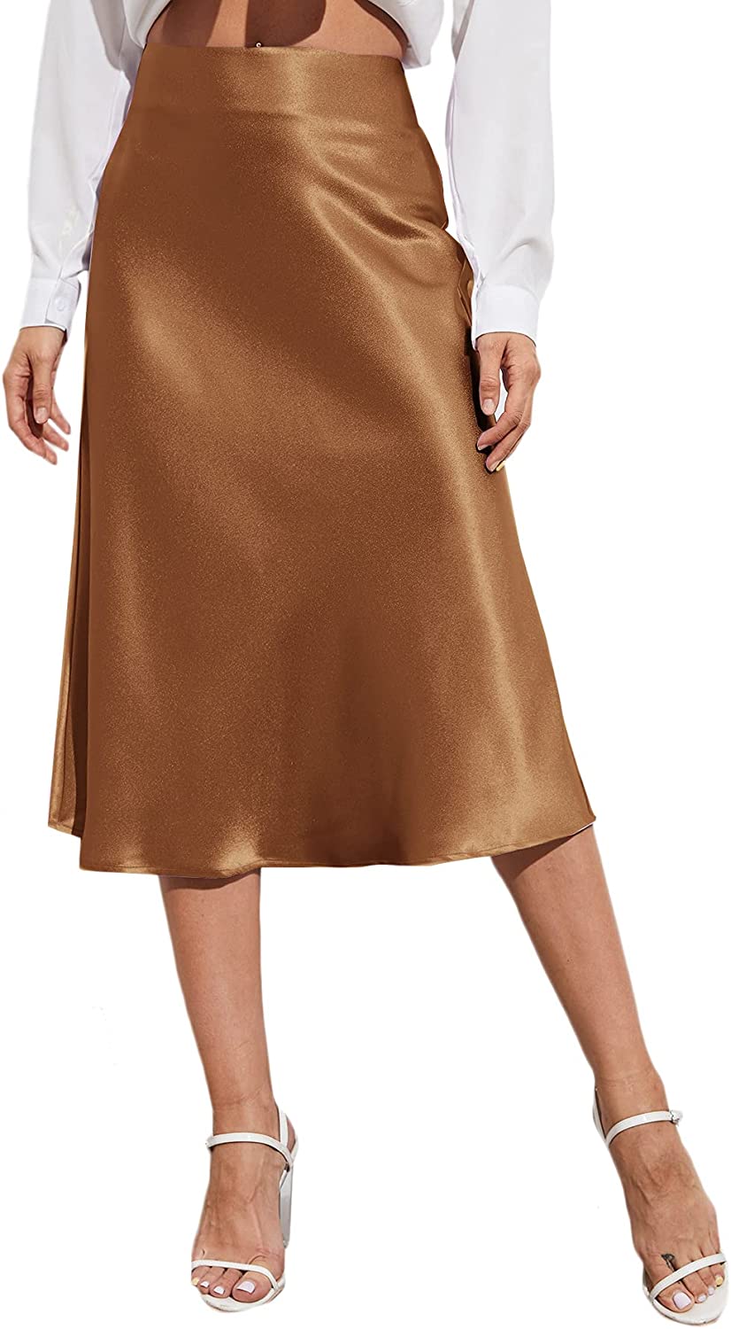 Wholesale Women's Elegant High Waist Satin A Line Flared Midi Skirt