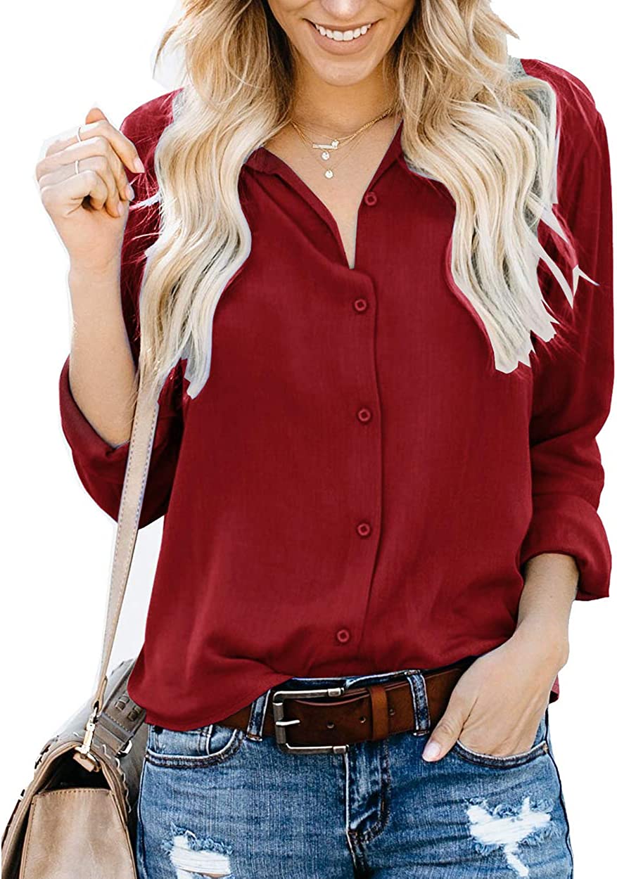 Wholesale Women's Long Sleeve V-Neck Stripes Casual Blouses Button Down Shirt Tops